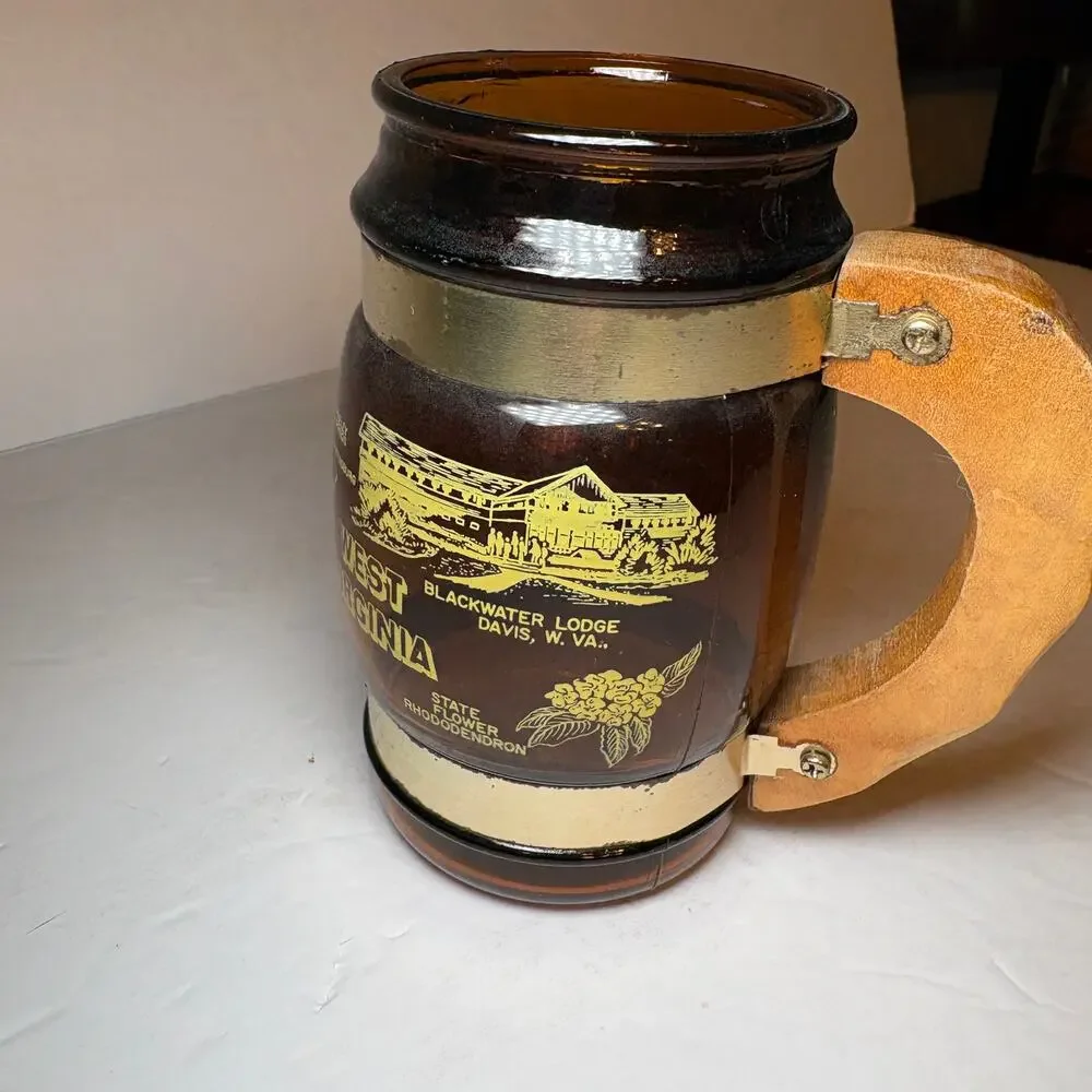 Vintage West Virginia Souvenir Brown Glass Barrel Mug Wood Handle Greenbrier